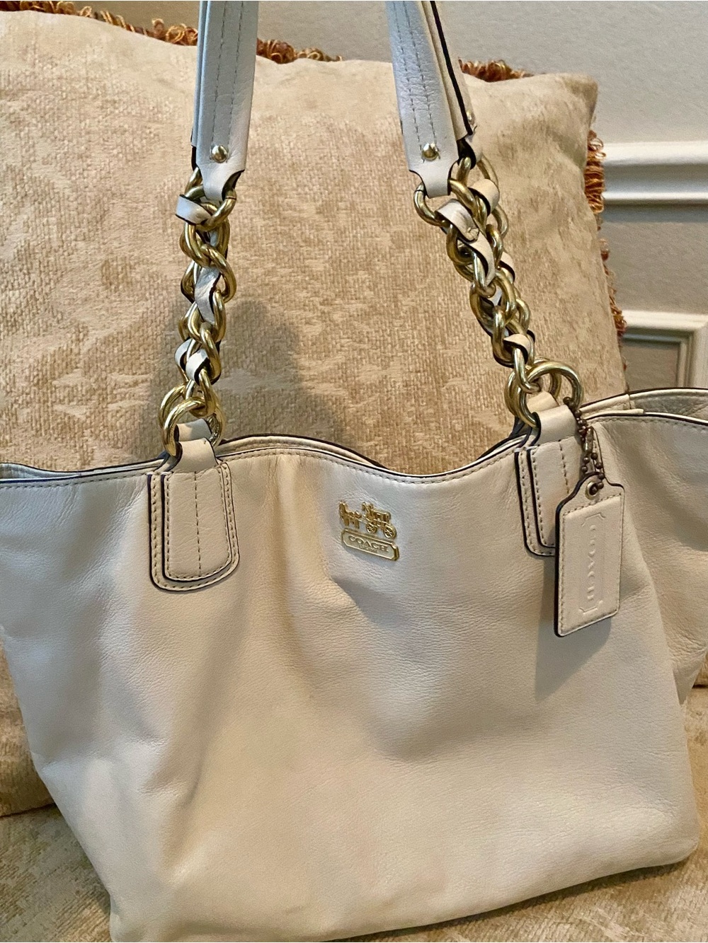 Coach Cream Leather Chain-Handle Tote with Gold Hardware